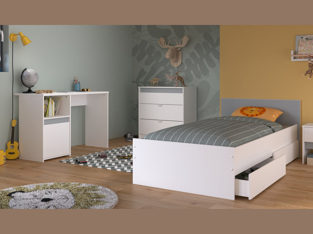 Parisot Kinderzimmer-Set Pirouette 25 – 5 tlg. Stauraumbett, Nako, Bettschubkasten, Kommode & Schreibtisch in Weiß/Rosa oder Grau