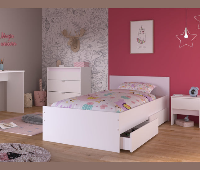 Parisot Kinderzimmer-Set Pirouette 25 – 5 tlg. Stauraumbett, Nako, Bettschubkasten, Kommode & Schreibtisch in Weiß/Rosa oder Grau