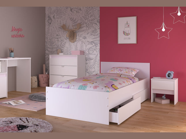 Parisot Kinderzimmer-Set Pirouette 25 – 5 tlg. Stauraumbett, Nako, Bettschubkasten, Kommode & Schreibtisch in Weiß/Rosa oder Grau