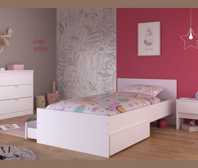 Parisot Kinderzimmer-Set Pirouette 26 – 4 tlg. Stauraumbett, Nako, Bettschubkasten & Kommode in Weiß/Rosa oder Grau