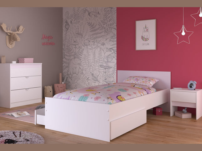 Parisot Kinderzimmer-Set Pirouette 26 – 4 tlg. Stauraumbett, Nako, Bettschubkasten & Kommode in Weiß/Rosa oder Grau