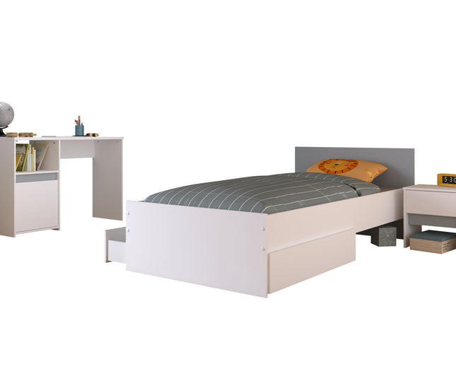 Parisot Kinderzimmer-Set Pirouette 27 – 4 tlg. Stauraumbett, Nako, Bettschubkasten & Schreibtisch in Weiß/Rosa oder Grau