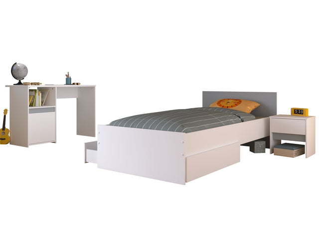 Parisot Kinderzimmer-Set Pirouette 27 – 4 tlg. Stauraumbett, Nako, Bettschubkasten & Schreibtisch in Weiß/Rosa oder Grau