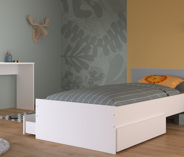 Parisot Kinderzimmer-Set Pirouette 27 – 4 tlg. Stauraumbett, Nako, Bettschubkasten & Schreibtisch in Weiß/Rosa oder Grau