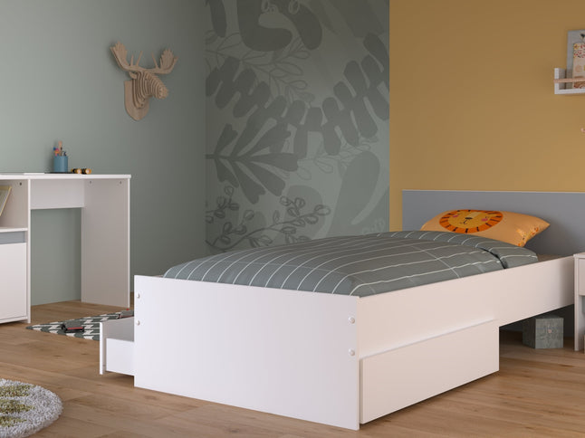 Parisot Kinderzimmer-Set Pirouette 27 – 4 tlg. Stauraumbett, Nako, Bettschubkasten & Schreibtisch in Weiß/Rosa oder Grau