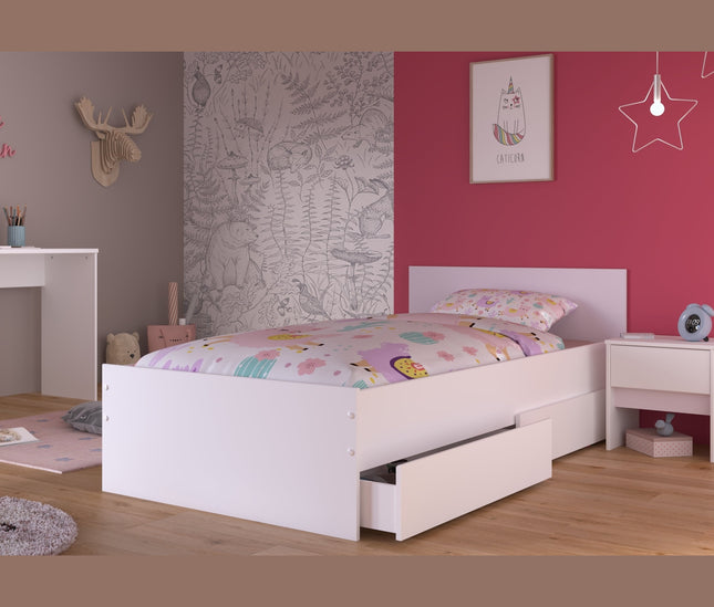 Parisot Kinderzimmer-Set Pirouette 27 – 4 tlg. Stauraumbett, Nako, Bettschubkasten & Schreibtisch in Weiß/Rosa oder Grau