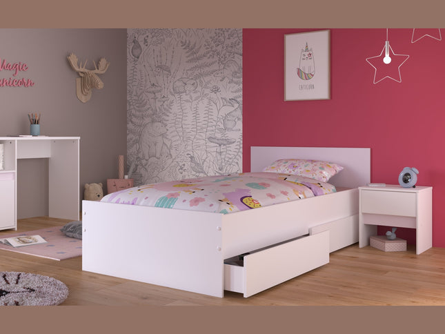 Parisot Kinderzimmer-Set Pirouette 27 – 4 tlg. Stauraumbett, Nako, Bettschubkasten & Schreibtisch in Weiß/Rosa oder Grau