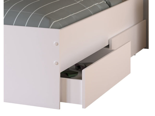 Parisot Kinderzimmer-Set Pirouette 25 – 5 tlg. Stauraumbett, Nako, Bettschubkasten, Kommode & Schreibtisch in Weiß/Rosa oder Grau