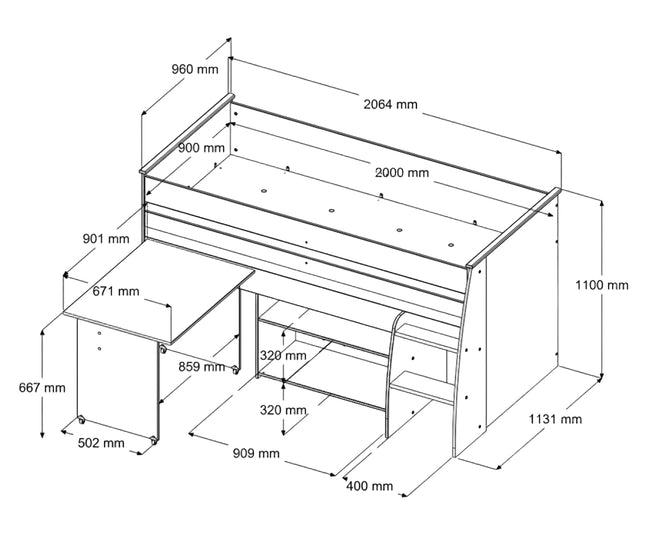 Parisot Reverse 1 - Hochbett mit integrierten Schreibtisch & Kommode - 90x200 –  Weiß