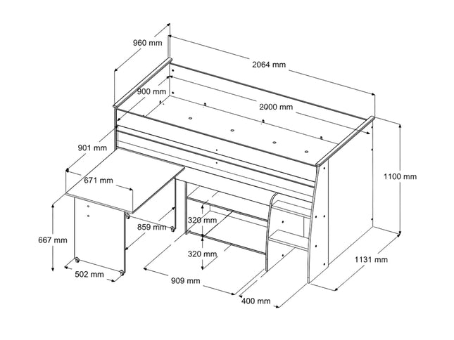 Parisot Reverse 1 - Hochbett mit integrierten Schreibtisch & Kommode - 90x200 –  Weiß