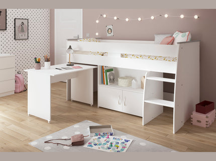 Parisot Hochbett Reverse 1 - 90x200 mit integrierten Schreibtisch & Kommode – Weiß#
