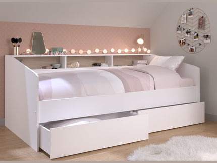 Parisot Stauraumbett  Sleep 4 - 90x200 Weiß/Eiche – mit Schubkästen & Ablagefächern