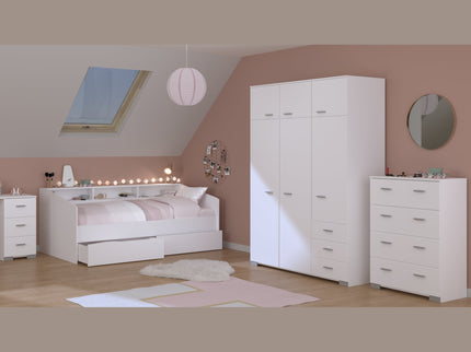 Parisot Kinderzimmer-Set Sleep 40 – 5-tlg. Stauraumbett, Bettschubkästen, Schreibtisch, Kommode & Kleiderschrank - Weiß/Eiche