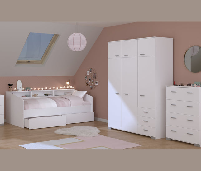 Parisot Kinderzimmer-Set Sleep 40 – 5-tlg. Stauraumbett, Bettschubkästen, Schreibtisch, Kommode & Kleiderschrank - Weiß/Eiche