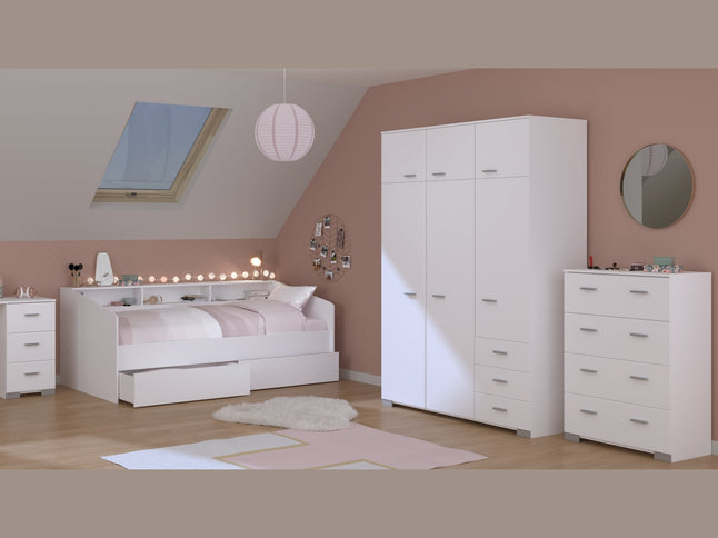 Parisot Kinderzimmer-Set Sleep 40 – 5-tlg. Stauraumbett, Bettschubkästen, Schreibtisch, Kommode & Kleiderschrank - Weiß/Eiche