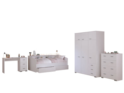 Parisot Kinderzimmer-Set Sleep 40 – 5-tlg. Stauraumbett, Bettschubkästen, Schreibtisch, Kommode & Kleiderschrank - Weiß/Eiche
