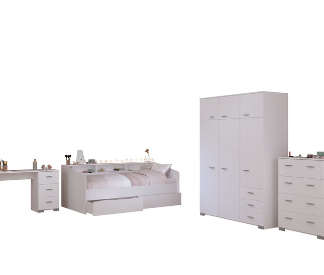 Parisot Kinderzimmer-Set Sleep 40 – 5-tlg. Stauraumbett, Bettschubkästen, Schreibtisch, Kommode & Kleiderschrank - Weiß/Eiche