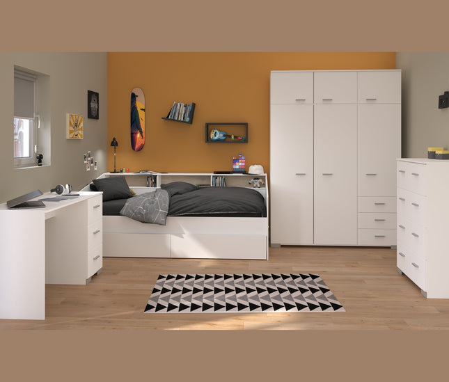 Parisot Kinderzimmer-Set Sleep 40 – 5-tlg. Stauraumbett, Bettschubkästen, Schreibtisch, Kommode & Kleiderschrank - Weiß/Eiche