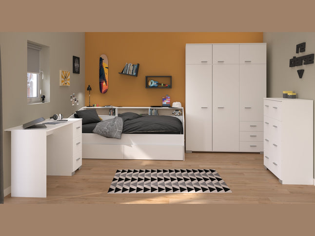 Parisot Kinderzimmer-Set Sleep 40 – 5-tlg. Stauraumbett, Bettschubkästen, Schreibtisch, Kommode & Kleiderschrank - Weiß/Eiche