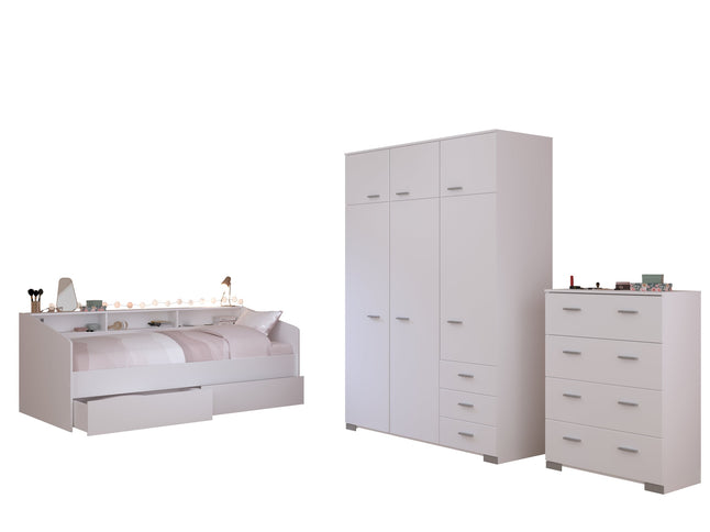 Parisot Kinderzimmer-Set Sleep 41 – 4-tlg. Stauraumbett, Bettschubkästen, Kommode & Kleiderschrank - Weiß/Eiche