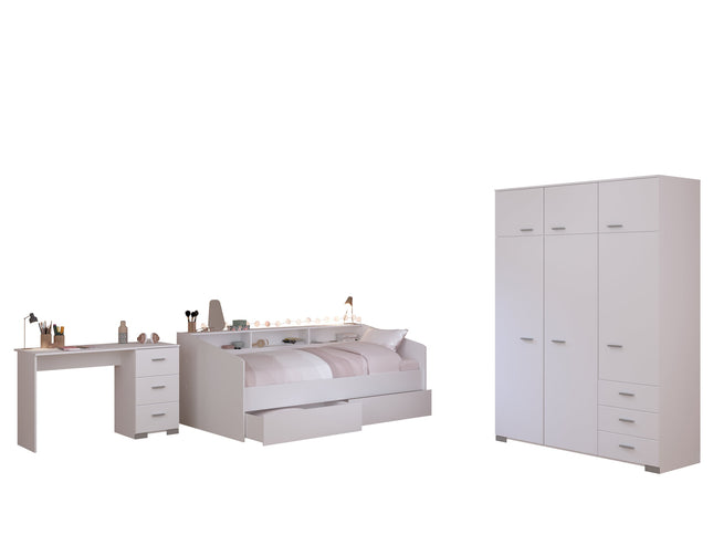Parisot Kinderzimmer-Set Sleep 42 – 4-tlg. Stauraumbett, Bettschubkästen,Schreibtisch & Kleiderschrank - Weiß/Eiche