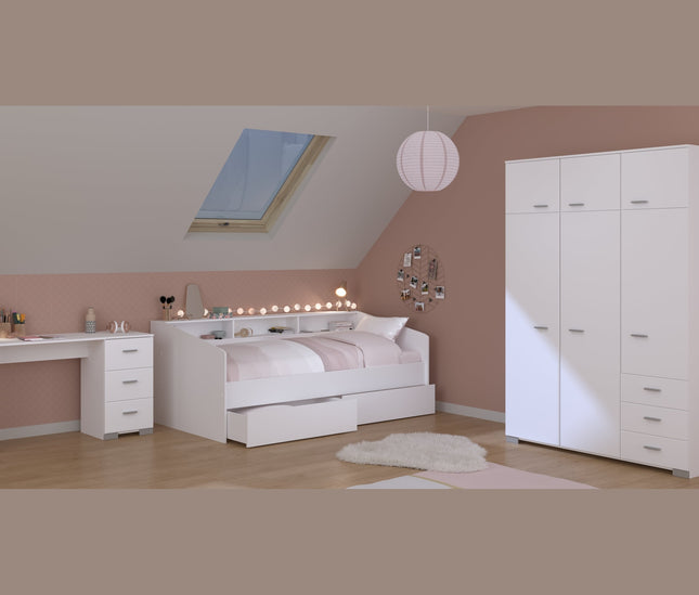 Parisot Kinderzimmer-Set Sleep 42 – 4-tlg. Stauraumbett, Bettschubkästen,Schreibtisch & Kleiderschrank - Weiß/Eiche