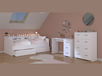 Parisot Kinderzimmer-Set Sleep 44 – 4-tlg. Stauraumbett, Bettschubkästen, Schreibtisch & Kommode - Weiß/Eiche