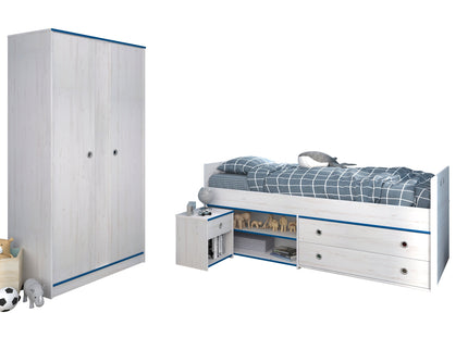 Parisot Smoozy 22 – 3-teiliges Kinderzimmer-Set mit Stauraumbett & Schrank, Kiefer Weiß, Blau/Pink drehbar