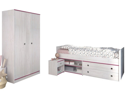 Parisot Smoozy 22 – 3-teiliges Kinderzimmer-Set mit Stauraumbett & Schrank, Kiefer Weiß, Blau/Pink drehbar