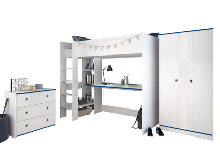 Parisot Smoozy 28 – 3-teiliges Kinderzimmer-Set mit Hochbett, Schreibtisch & Schrank, Kiefer Weiß, Pink/Blau