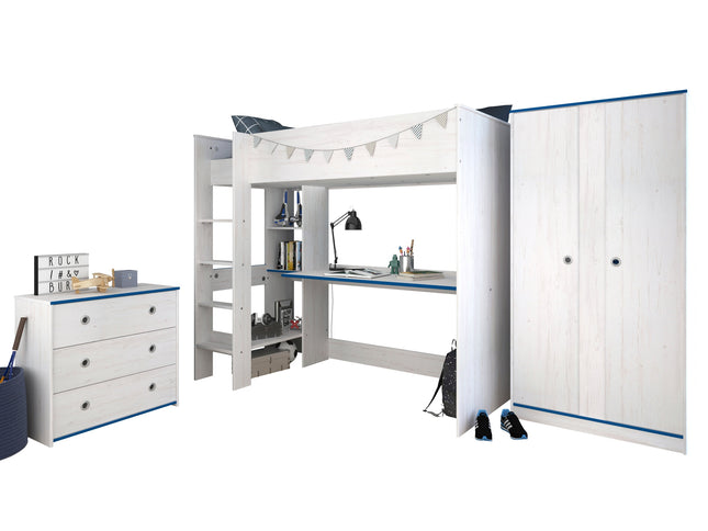 Parisot Smoozy 28 – 3-teiliges Kinderzimmer-Set mit Hochbett, Schreibtisch & Schrank, Kiefer Weiß, Pink/Blau
