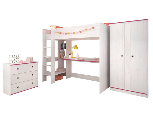 Parisot Smoozy 28 – 3-teiliges Kinderzimmer-Set mit Hochbett, Schreibtisch & Schrank, Kiefer Weiß, Pink/Blau