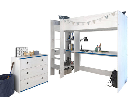 Parisot Parisot Smoozy 29 – 2-teiliges Kinderzimmer-Set mit Hochbett & Kommode, Kiefer Weiß, Pink/Blau