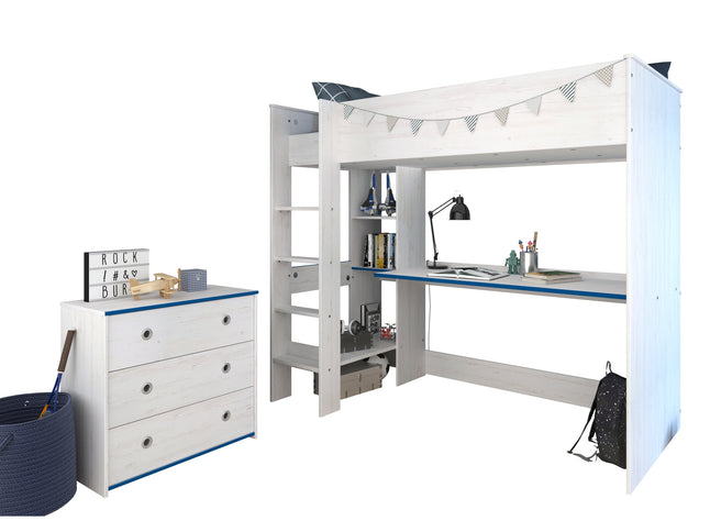 Parisot Parisot Smoozy 29 – 2-teiliges Kinderzimmer-Set mit Hochbett & Kommode, Kiefer Weiß, Pink/Blau