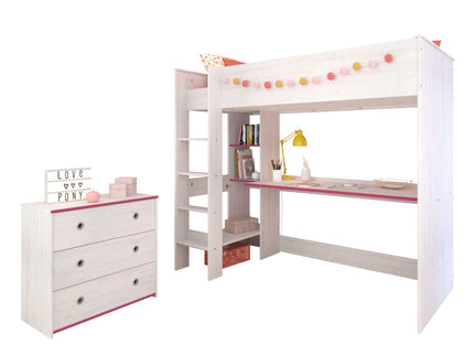 Parisot Parisot Smoozy 29 – 2-teiliges Kinderzimmer-Set mit Hochbett & Kommode, Kiefer Weiß, Pink/Blau