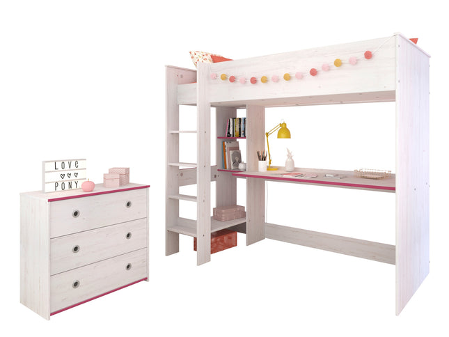 Parisot Parisot Smoozy 29 – 2-teiliges Kinderzimmer-Set mit Hochbett & Kommode, Kiefer Weiß, Pink/Blau
