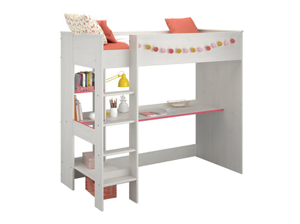 Parisot Hochbett Smoozy 3 – Kinderbett mit Schreibtisch & Regalen, Kiefer Weiß mit pink/blau drehbaren Kanten