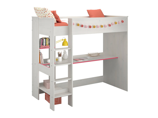 Parisot Hochbett Smoozy 3 – Kinderbett mit Schreibtisch & Regalen, Kiefer Weiß mit pink/blau drehbaren Kanten