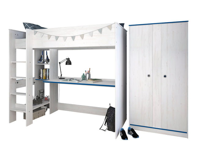 Parisot Kinderzimmer Smoozy 4 – Hochbett mit Schreibtisch & Kleiderschrank, Kiefer Weiß, Pink/Blau drehbar