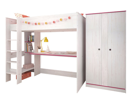 Parisot Kinderzimmer Smoozy 4 – Hochbett mit Schreibtisch & Kleiderschrank, Kiefer Weiß, Pink/Blau drehbar