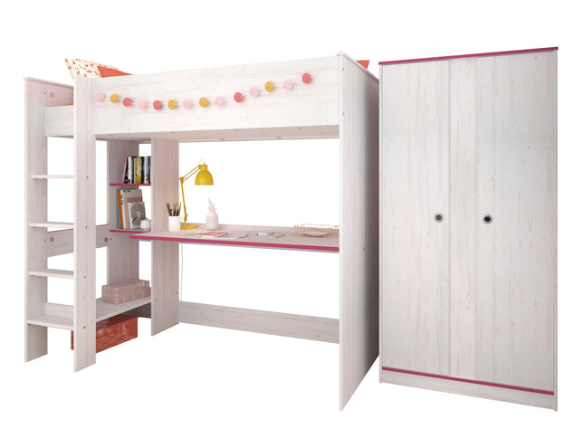 Parisot Kinderzimmer Smoozy 4 – Hochbett mit Schreibtisch & Kleiderschrank, Kiefer Weiß, Pink/Blau drehbar