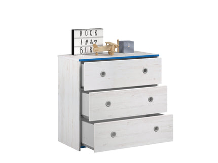 Parisot Jugendzimmer-Set Smoozy 36 - 5-tlg Kinderzimmer-Set mit Stauraumbett, Schrank, Schreibtisch & Kommode, Kiefer Weiß, Pink/Blau