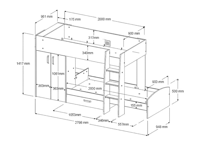 Parisot Stim 2 Etagenbett mit Schrank & Schubkasten - 90x200 – Eiche Jackson/Grau #