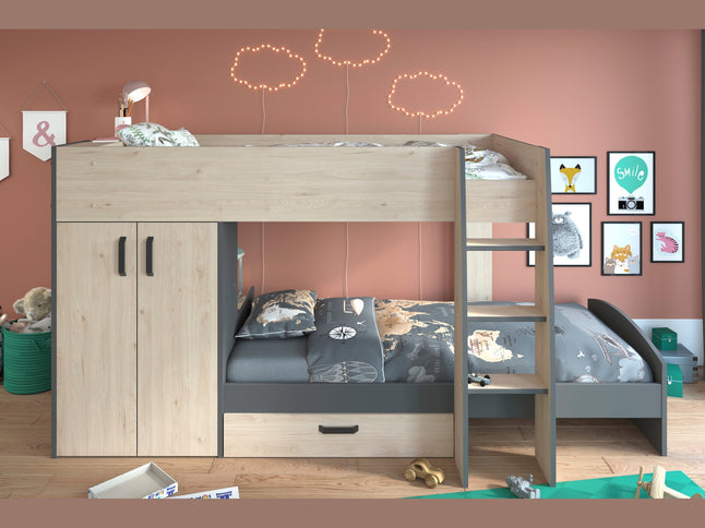 Parisot Stim 2 Etagenbett mit Schrank & Schubkasten - 90x200 – Eiche Jackson/Grau #