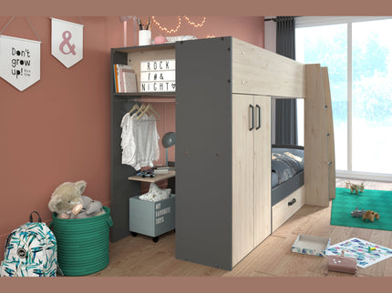 Parisot Stim 2 Etagenbett mit Schrank & Schubkasten - 90x200 – Eiche Jackson/Grau #