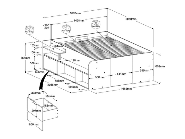 Parisot Travel 1 Halbhohes Hochbett 140x200 – Stauraumbett in Eiche/Schwarz