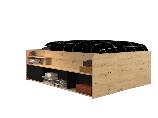 Parisot Travel 1 Halbhohes Hochbett 140x200 – Stauraumbett in Eiche/Schwarz