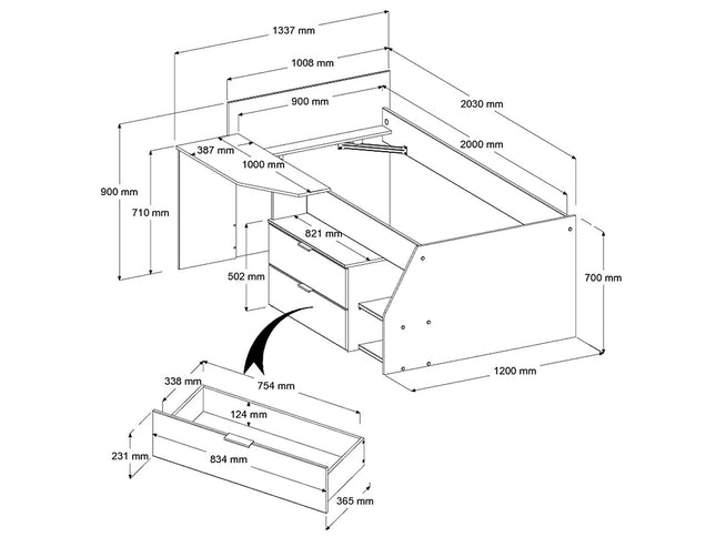 Parisot Milky 22 Kinderzimmer-Set Hochbett 90x200 & Kleiderschrank