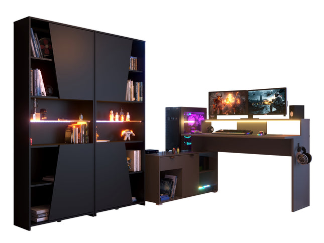 Parisot Gaming Set - Work 1 in schwarz #Eck-Gamingtisch und 2 x Schrank inkl. RGB LED Beleuchtung