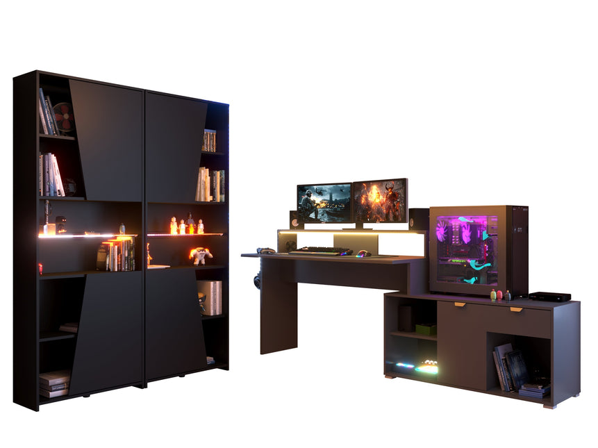 Parisot Gaming Set - Work 1 in schwarz #Eck-Gamingtisch und 2 x Schrank inkl. RGB LED Beleuchtung